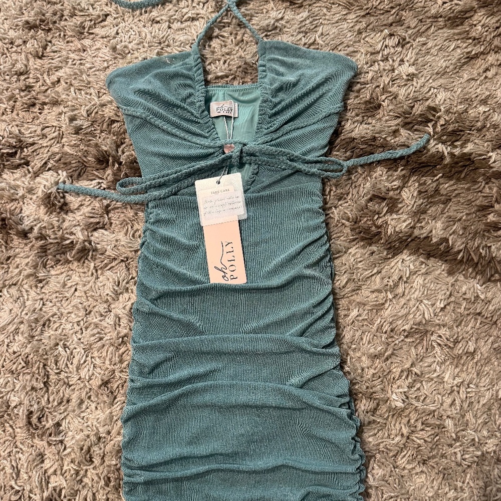 Oh Polly. Blue/teal mini dress with halter straps.